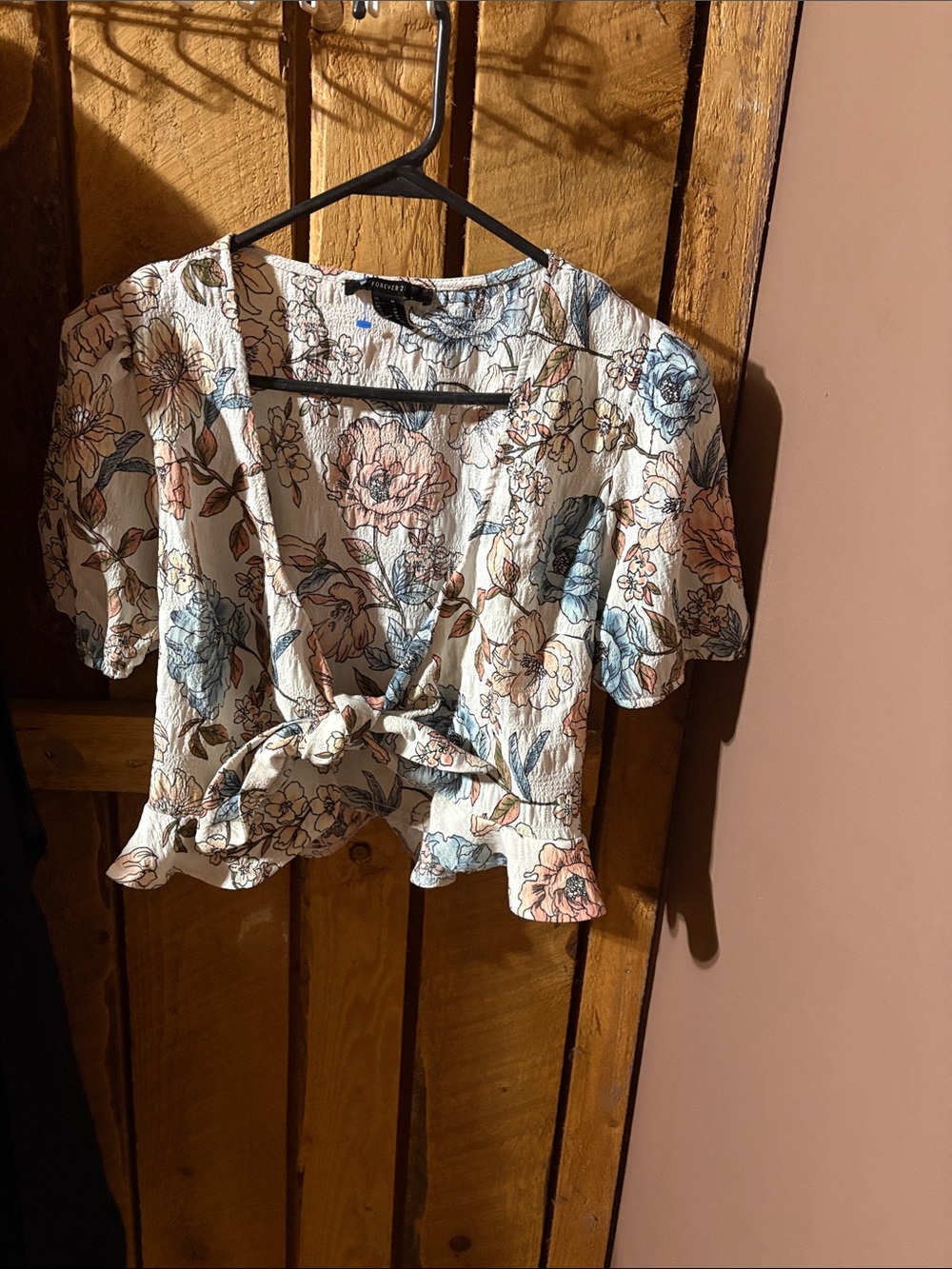 Forever 21 Floral Tie-Front Blouse — Cream, Blue & Pink